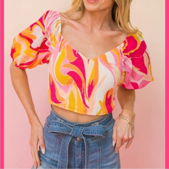 Flying Tomato Multi Color Puff Sleeve Crop Top Large - Picture 1 of 9